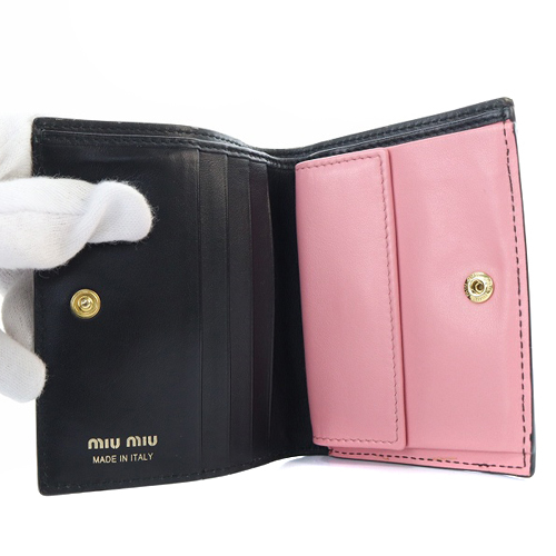 ミュウミュウ miumiu リボン 二つ折り財布 レザー ロゴ 黒 ブラック ピンク /SR22 ■OH レディース_画像7