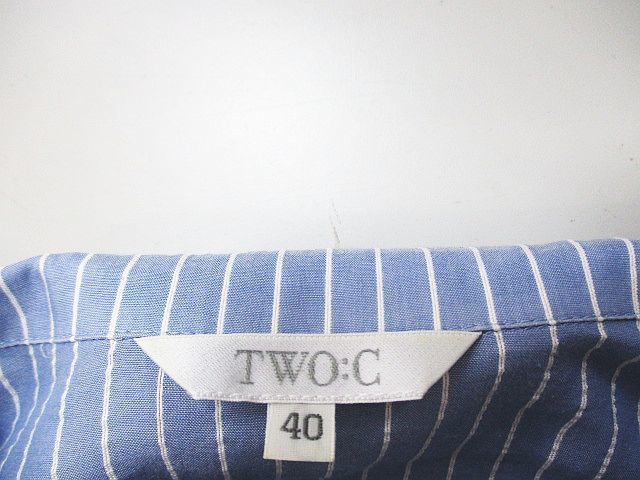 トゥーシー TWO:C ストライプ柄 長袖 シャツ ブラウス ロング丈 40 青系 ブルー レース ピンタック ボタン レディース_画像3
