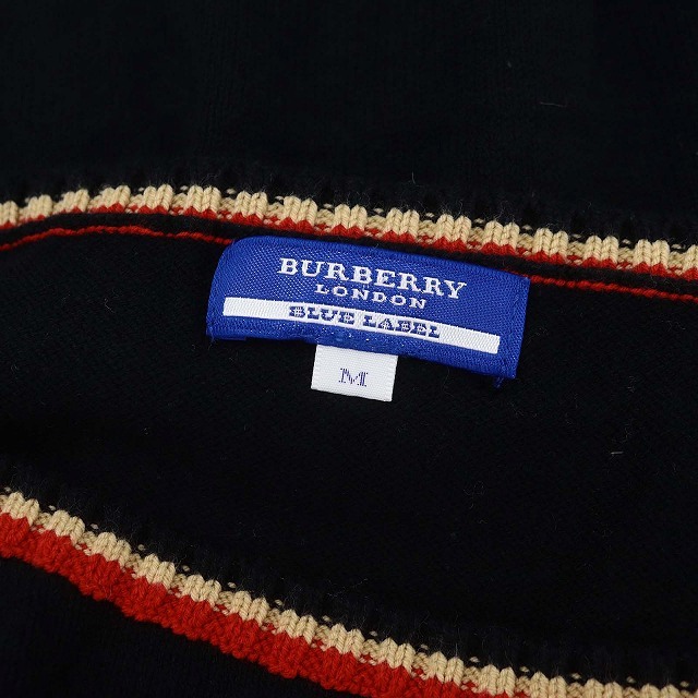 バーバリーブルーレーベル BURBERRY BLUE LABEL ニット セーター プルオーバー ボートネック ロゴ刺繍 ライン 5分袖 M 黒_画像3