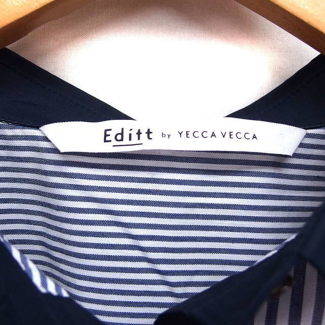 イェッカヴェッカ YECCA VECCA Editt by シャツ ブラウス ステンカラー リボン ストライプ 透け感 七分袖 F 紺 ネイビー /NT13 レディース_画像4