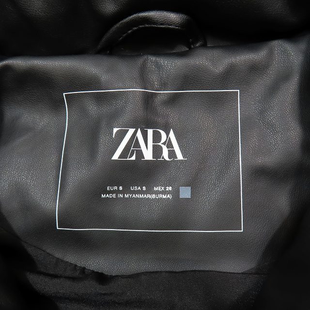 美品 ザラ ZARA フェイクレザー ロング中綿 ベスト トップス フード付き 黒 ブラック サイズS レディース 3046/240/800_画像4