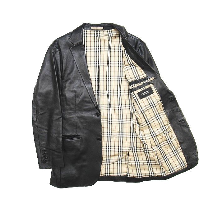 バーバリーブラックレーベル BURBERRY BLACK LABEL ノバチェック柄 ラムレザー テーラードジャケット 本革 羊革 ラムスキン M 黒 /◎ME2_画像1