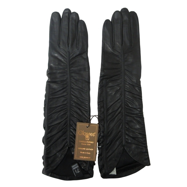 Gloves FRATELLI FORINO 美品 レザー グローブ 手袋 ギャザー イタリア製 黒 ブラック 21cm 0217 レディース_画像1