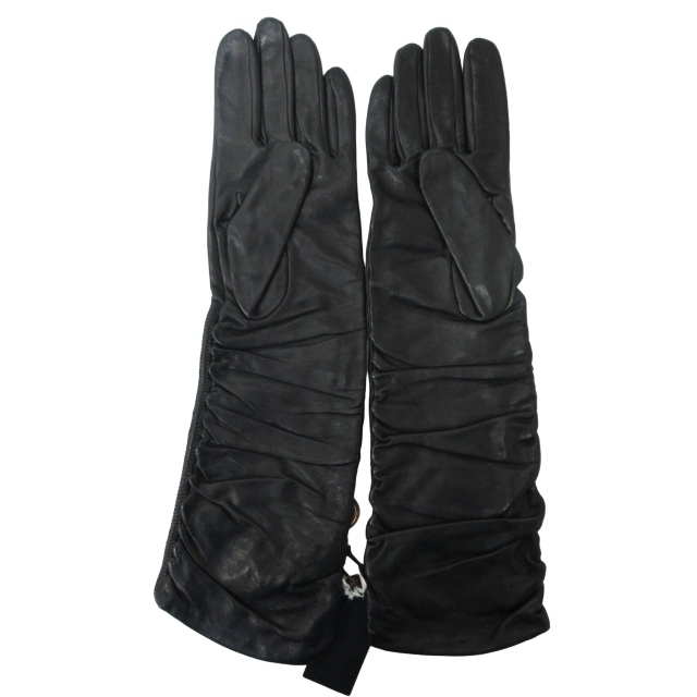 Gloves FRATELLI FORINO 美品 レザー グローブ 手袋 ギャザー イタリア製 黒 ブラック 21cm 0217 レディース_画像2