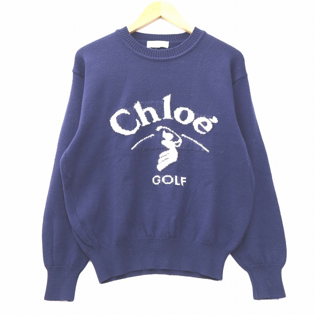 クロエ CHLOE GOLF ゴルフ クルーネック 長袖 ロゴ刺繍 ウール ニットセーター 9号 ネイビー_画像1