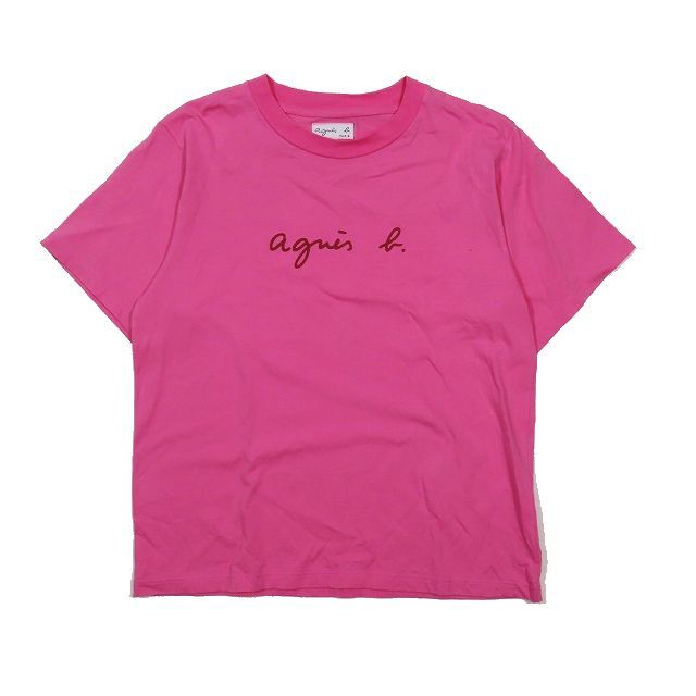 アニエスベー agnes b. Tシャツ カットソー ロゴ プリント クルーネック 半袖 ピンク 2 レディース_画像1