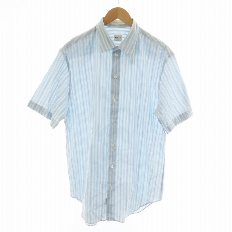アルマーニ コレツィオーニ ARMANI COLLEZIONI ワイシャツ ステンカラー 半袖 ストライプ L 水色 ピンク 白 ホワイト メンズ_画像1