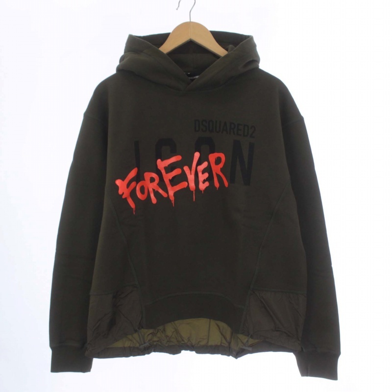 未使用品 DSQUARED2 22SS Icon 4Ever Hoodie プルオーバーパーカー スウェット 長袖 ロゴ 裏起毛 M カーキ S79GU0060_画像1