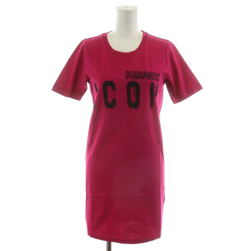 未使用品 ディースクエアード DSQUARED2 Lcon Spray Tee Dress Tシャツ カットソー 半袖 ロゴ XXS ピンク S80CT0011