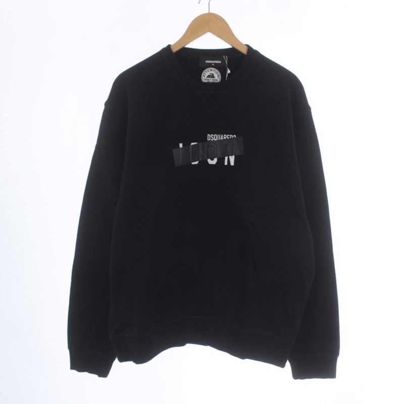 未使用品 DSQUARED2 Icon Taped Sweater スウェット トレーナー 長袖 クルーネック ロゴ 裏起毛 XL 黒 ブラック S79GU0048