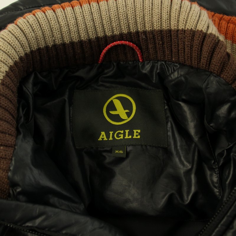 エーグル AIGLE 中綿ジャケット スタンドカラー ショート丈 リブ ロゴ刺繍 ウール混 XS 黒 ブラック /BB レディース_画像4