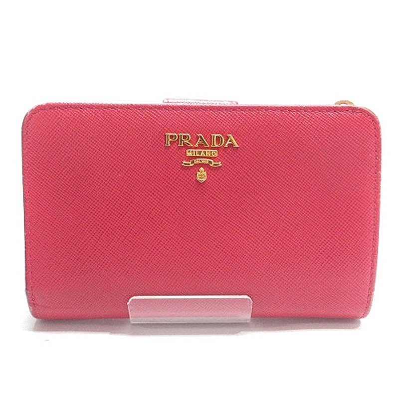 プラダ PRADA 二つ折り財布 L字ファスナー ロゴ 金具 サフィアーノレザー ピンク ウォレット レディース