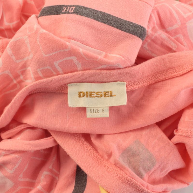 ディーゼル DIESEL ベアトップワンピース フレア ひざ丈 ウエストゴム リボン ロゴ 総柄 S ピンク /BB レディース_画像4