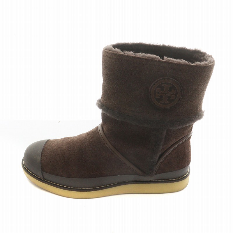 トリーバーチ TORY BURCH NADINE BOOTIE ショートブーツ ムートン スエード ボア ロゴワッペン US8 25cm 茶 ブラウン 33138334_画像1