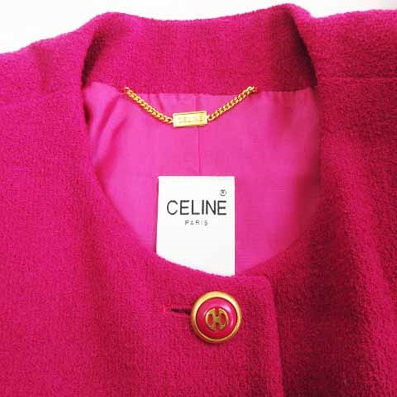 セリーヌ CELINE オールド セットアップ 上下セット ジャケット ノーカラー スカート ひざ丈 金ボタン ピンク 40 L位 ■GY18 レディース_画像4