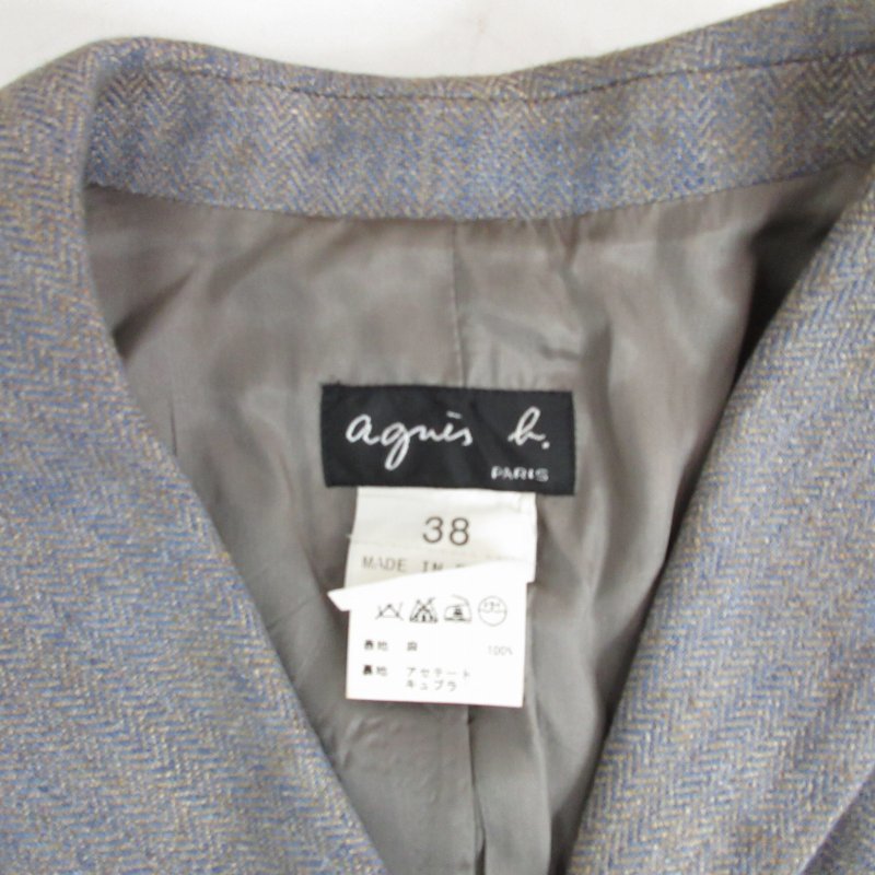  Agnes B agnes b. 90s tailored jacket blaser long sleeve linen France made herringbone pattern gray series blue group 38 approximately M IBO47