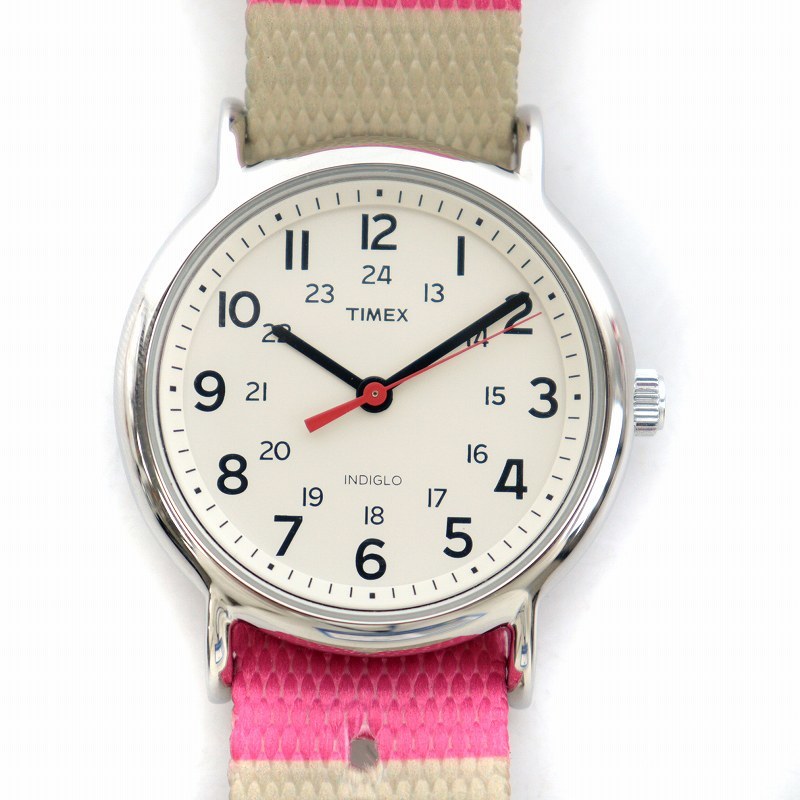 ビームス BEAMS タイメックス TIMEX ウィークエンダーセントラルパーク 腕時計 クォーツ 白文字盤 ボーダー 替えベルト付き ピンク 紺