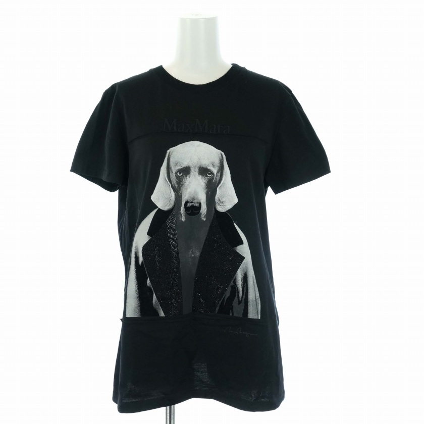 マックスマーラ MAX MARA MM DOG Tシャツ カットソー 半袖 クルーネック プリント ラインストーン ロゴ刺繍 M 黒 レディース