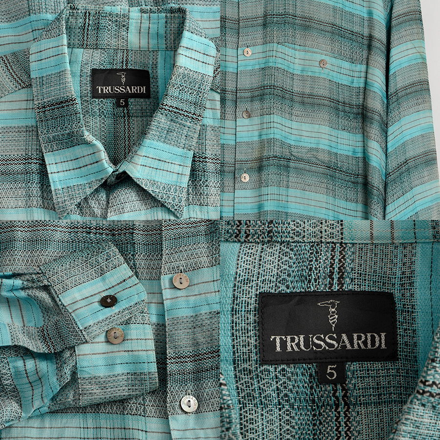 AS280 トラサルディ TRUSSARDI 長袖シャツ 5 / XL 肩48 麻 格子柄 メール便発送可 xq_画像4