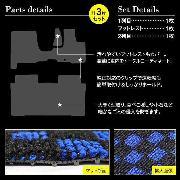 【国産】ホンダ N-ONE JG1/JG2 全グレード対応 フロアマット カーマット フットレスト付 全席分 3P フルセット ブラック×ブルー チェック_画像2