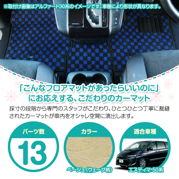 【日本製】トヨタ エスティマ 50系 8人乗り フロアマット カーマット ステップ & ラゲッジ付 フルセット 高品質パッド ベージュ 柄 波の画像2