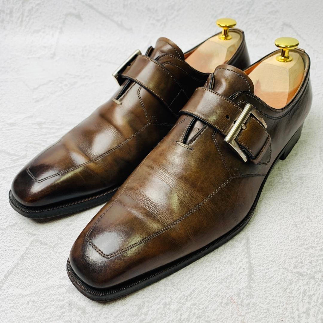 【良品】サントーニ SANTONI ファットアマーノ シングルモンク パティーヌ スクエア 茶色 ブラウン 7 25.5cm ドレスシューズ 革靴 ビジネス