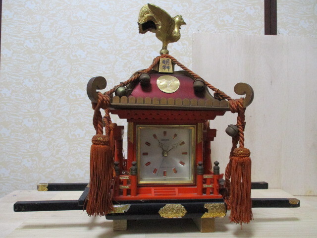 Y122-568W　置物　神輿　木製　時計有（稼働確認済）　中古　神輿本体高さ約40ｃｍ　(T24 前)