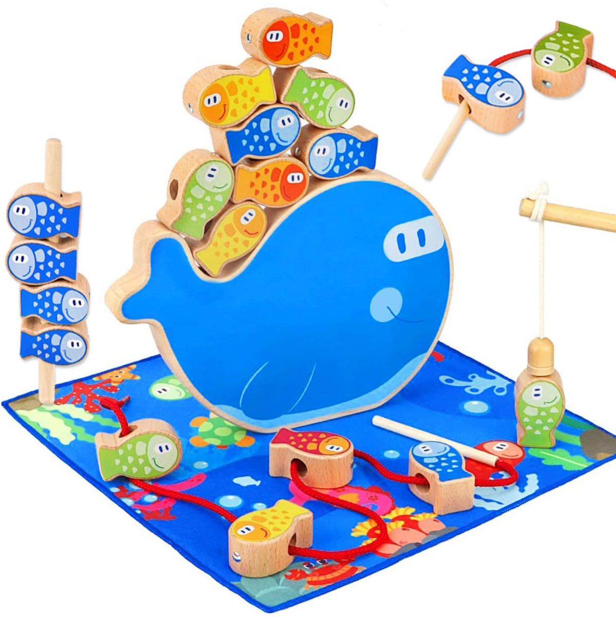 木製おもちゃ 4in1 パズル 魚釣りおもちゃ ひもとおし 紐通しおもちゃ バランスゲーム 棒通し遊び かわいい 木製パズル出産祝いプレゼントの画像1