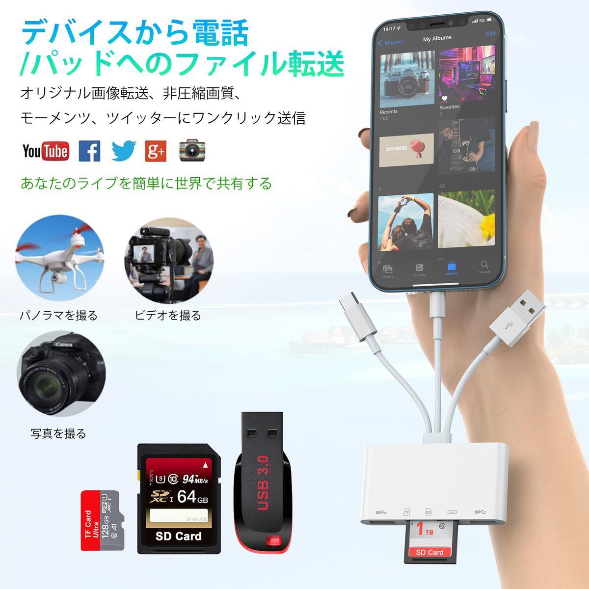 【MFi正規認証品】SDカードリーダー iPhone USB Type C 5 IN1 カードリーダー SD/TF同時読み書きSD/Micro SD/SDHC/SDXC/MMCカード対応AP436_画像5