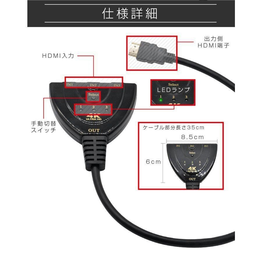 HDMI 分配器 切替器 セレクター ディスプレイ 3入力 1出力 4K 高画質_画像7