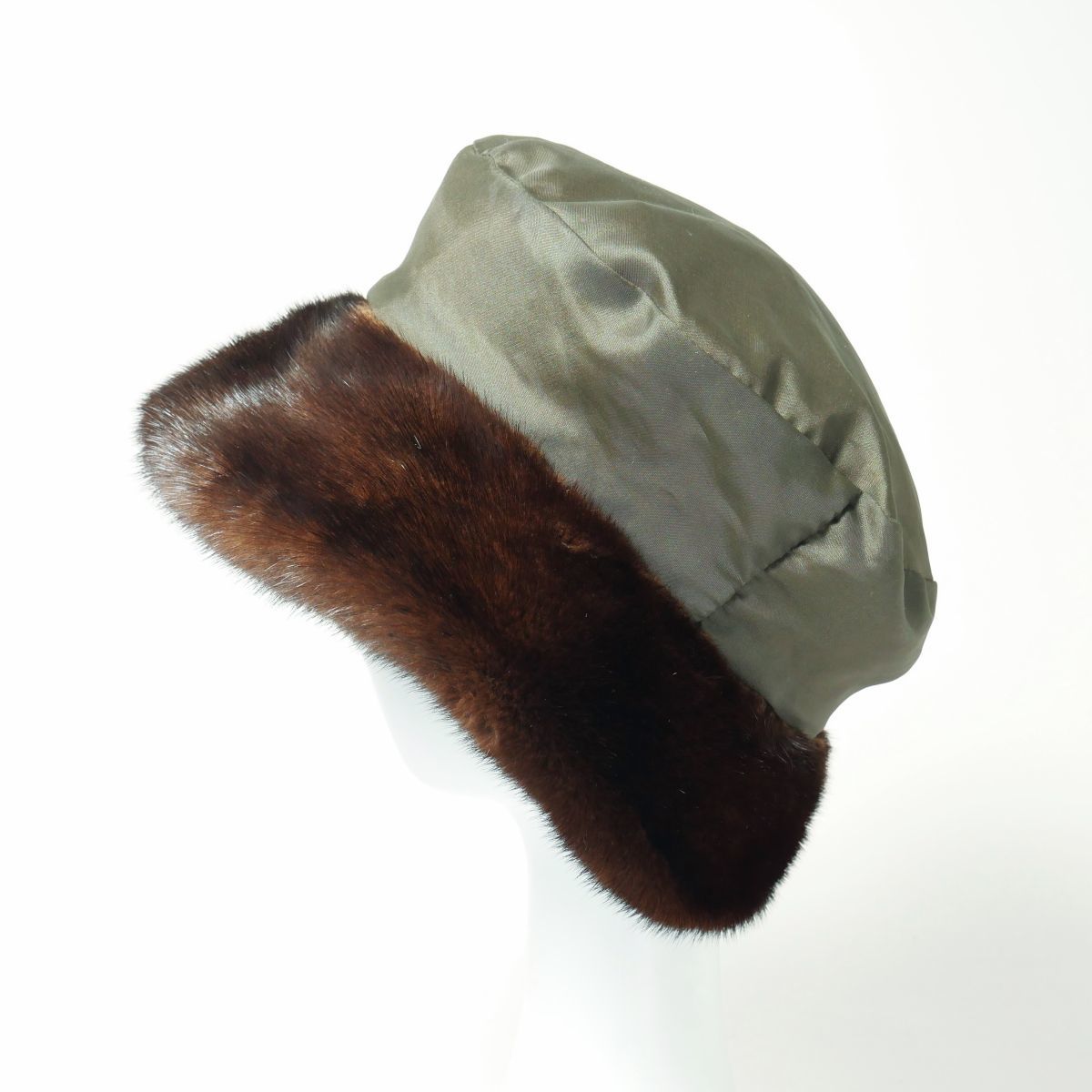 MG0299▽最高級毛皮 ミンク MINK リバーシブル ファーハット 帽子 約60cm デミバフミンク×カーキ系_画像6