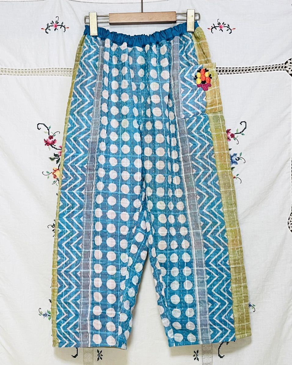カンタ 刺繍 ラリーキルト パンツ リメイク インド ビンテージ布 カンタキルト の画像1