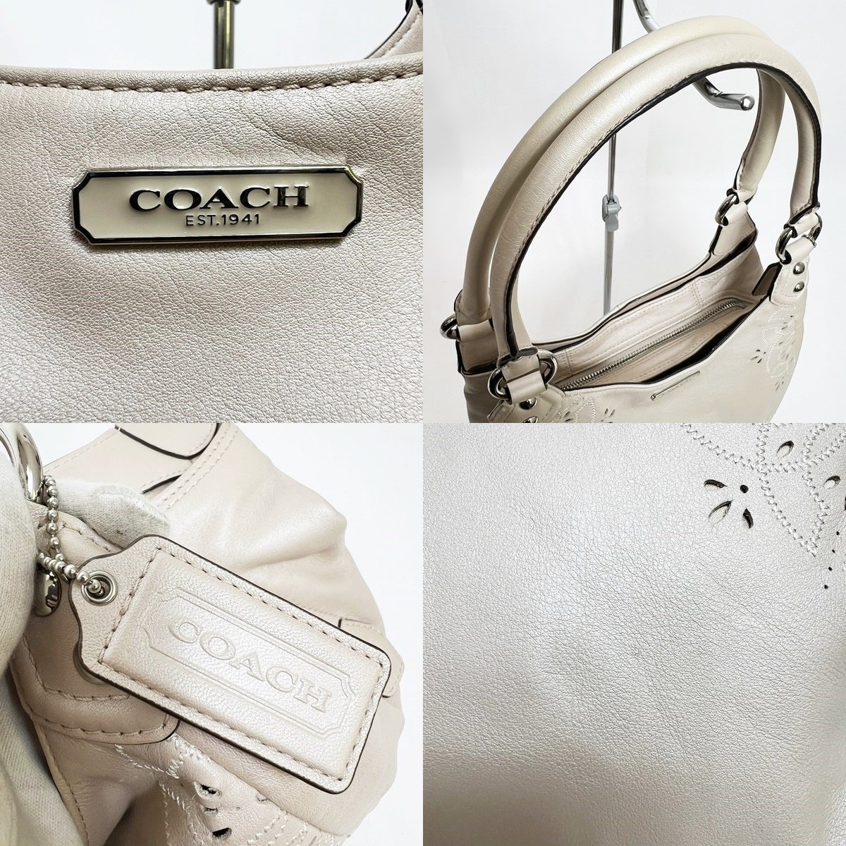 美品 COACH コーチ F22485 ホーボー シグネチャー柄 レザーハンドバッグ ベージュ系 肩掛け 春カラー カットワーク レディース 中古 HK0084_画像4