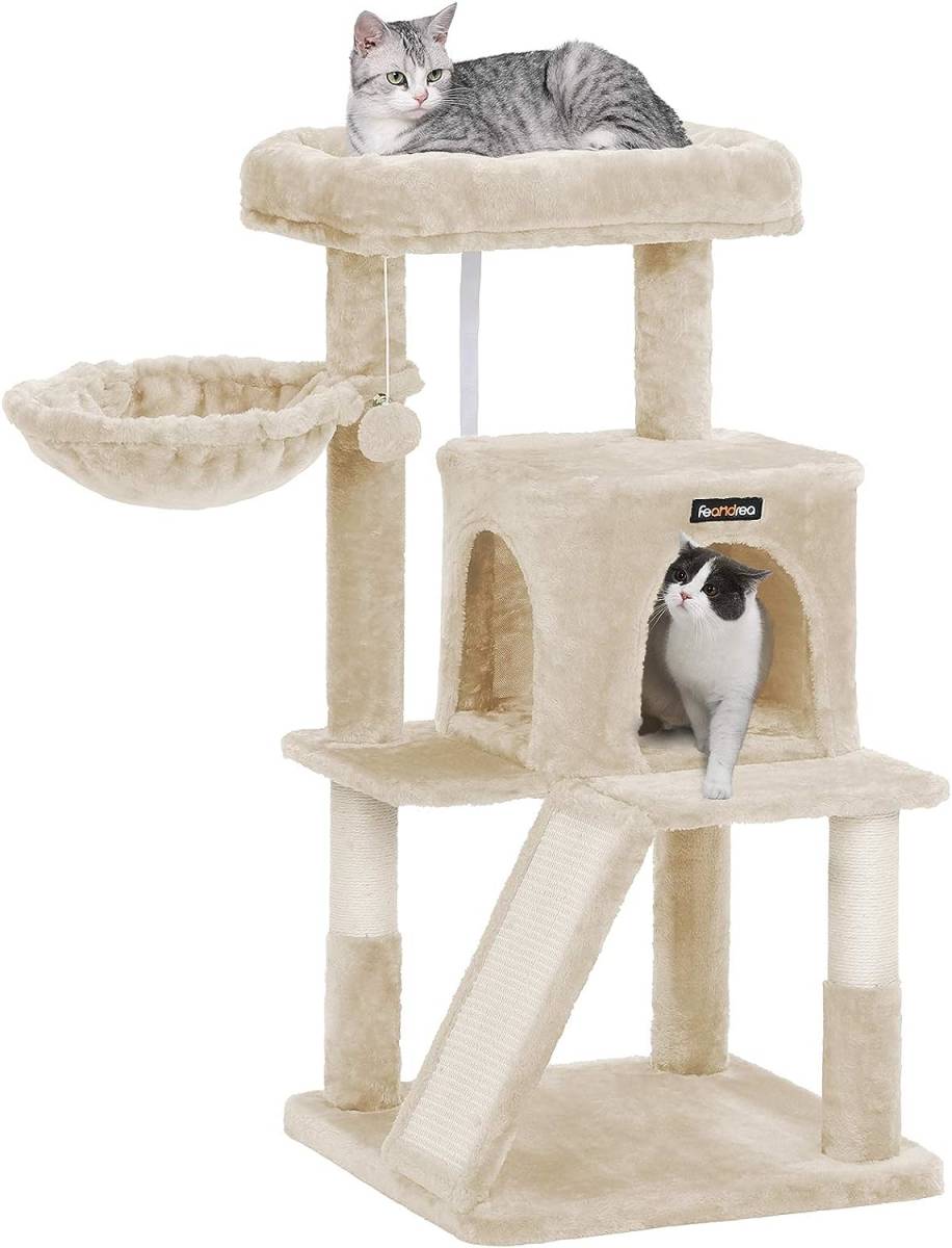 ベージュ FEANDREA キャットタワー 大型猫 ハンモック耐荷重10KG 猫タワー 天然サイザル 広いハウス 多頭飼い 安定性