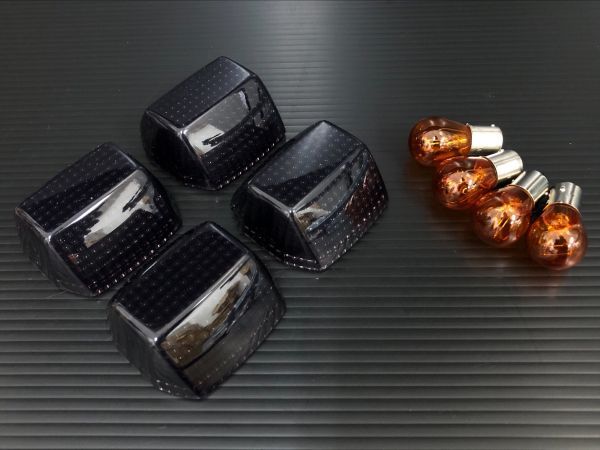 送料込み GPZ900R/ZRX400 ウインカーレンズ 4個SET ブラック スモーク オレンジ球付き●ZRX1100/1200R/ZR-7/純正ウインカー用の画像1