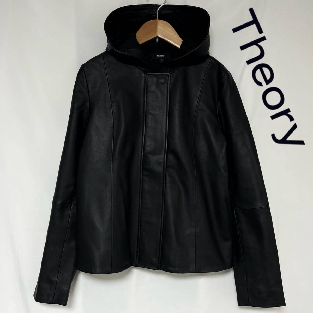 Theory セオリー SOFT LEATHER ZIP UP JKT レザー 本革 フーディー ジャケット 2021年モデル レディース ブルゾン XS S ブラック　黒_画像1