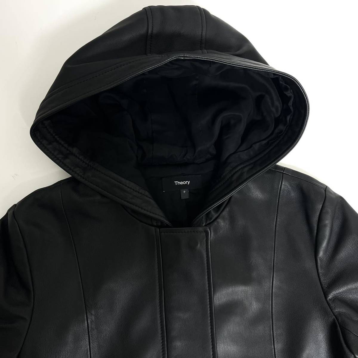 Theory セオリー SOFT LEATHER ZIP UP JKT レザー 本革 フーディー ジャケット 2021年モデル レディース ブルゾン XS S ブラック　黒_画像6