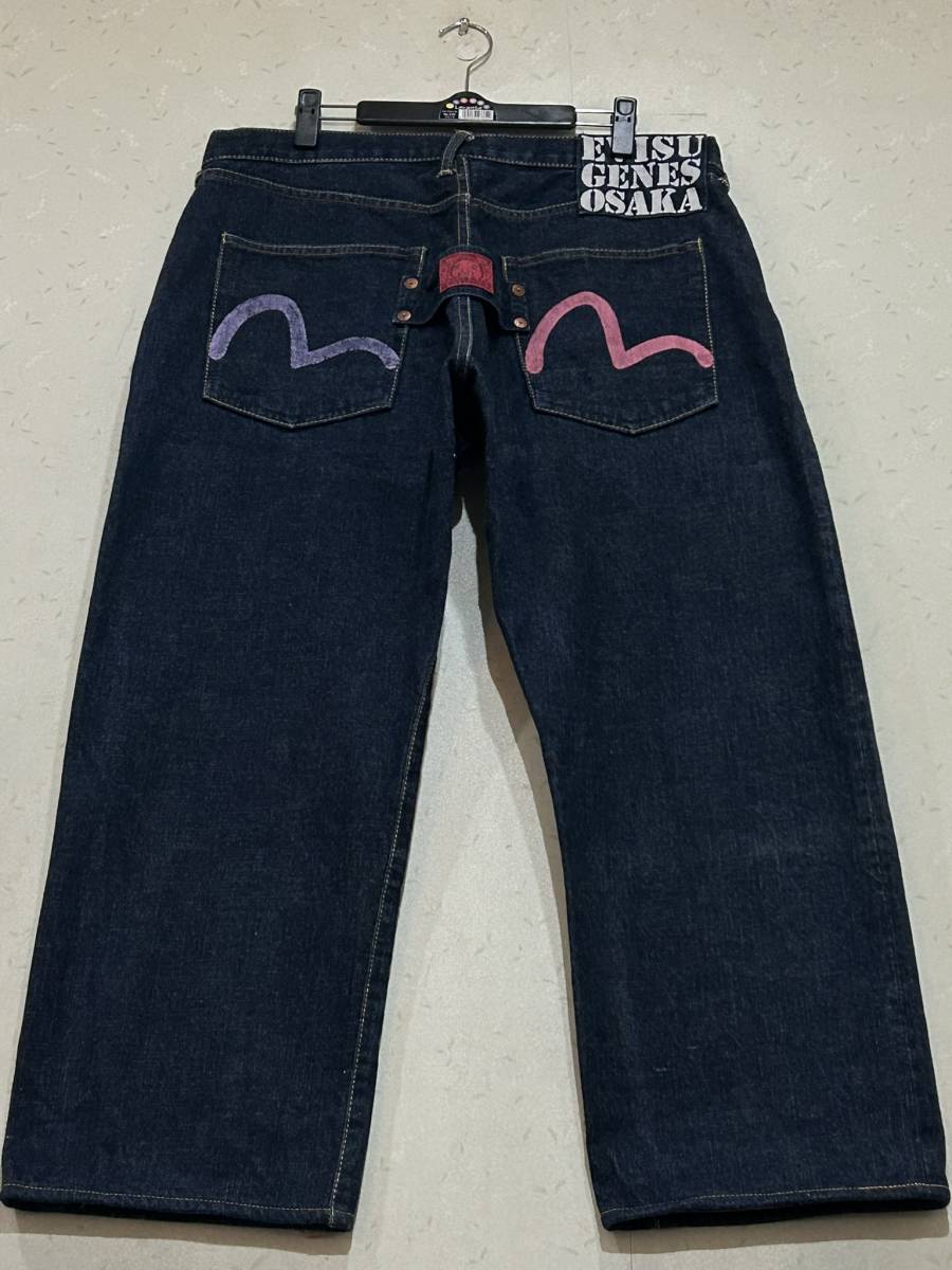 ※EVISU GENES OSAKA エヴィス エビス ピンク＆パープルカモメペイント セルビッチ デニムパンツ 濃紺 大きいサイズ 36 BJBD.B_画像1