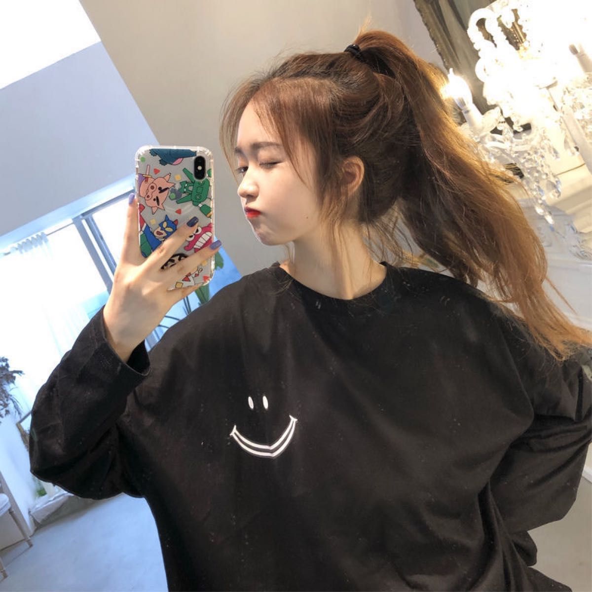 【使い勝手〇シンプルデザイン】スマイルビックTシャツ＠レディース・長袖・黒・L