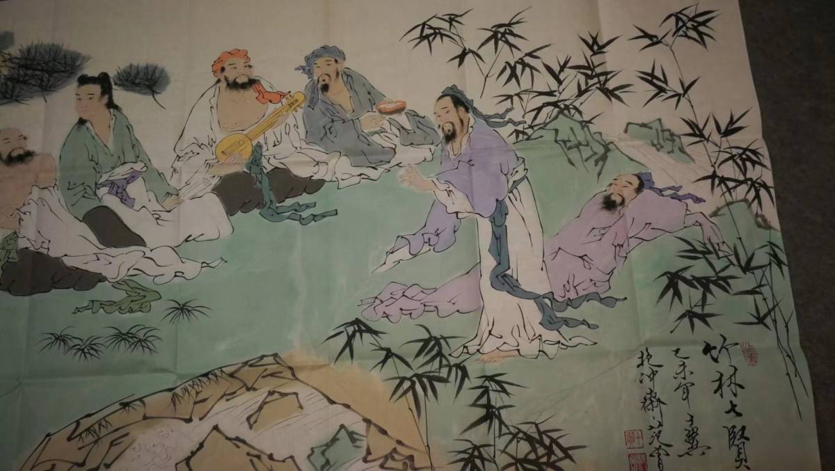 中国 古画 書畫 收藏【中国近代大儒書画宗師範が描いた「山水人物画竹林七賢図」の財源は広進している 国画 代物 中国古美術 M s6-012912_画像4