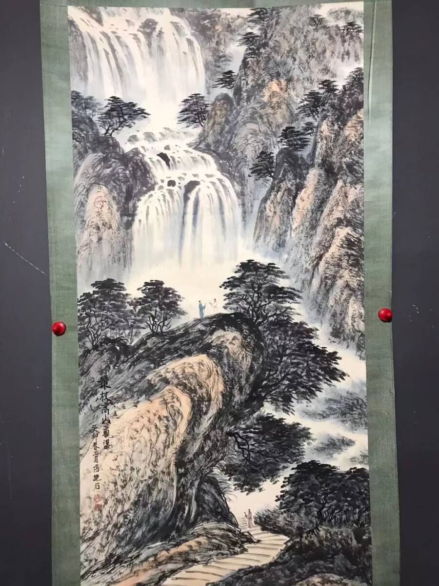 k中国 古画 書畫 收藏 古絲綢古法手作業で表装する【作者傅抱石四尺中堂山水画 】 国画 古美術 賞物 2.26_画像1