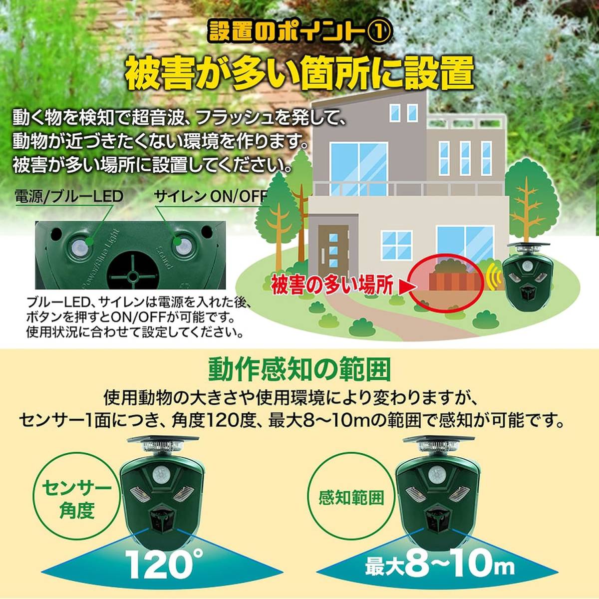 動物撃退器 MTK 3面式 360度 超音波 アニマルバスターズ 1台 動物除け 猫よけ 猫除け ネコ除け 鳥獣対策 獣害対策 U_画像6