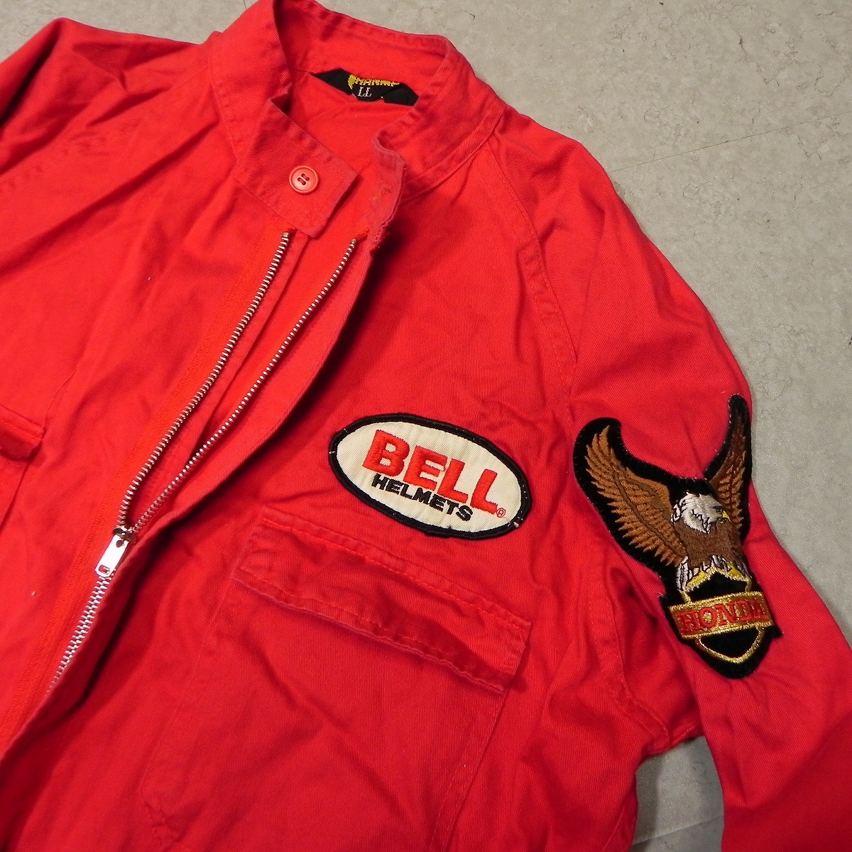 l145* made in Japan NEW HANMA * BELL HONDA badge coveralls red LL * old clothes all-in-one * working clothes work clothes *