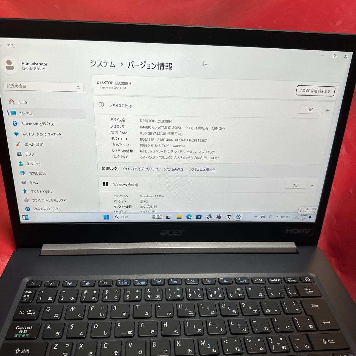 難 ハイスペック Acer TravelMate X5 X514-51-N78U Core i7-8565U 8GB SSD256GB 14インチFHD(1920x1080) 無線Lan Webカメラ SK2402-46_画像9