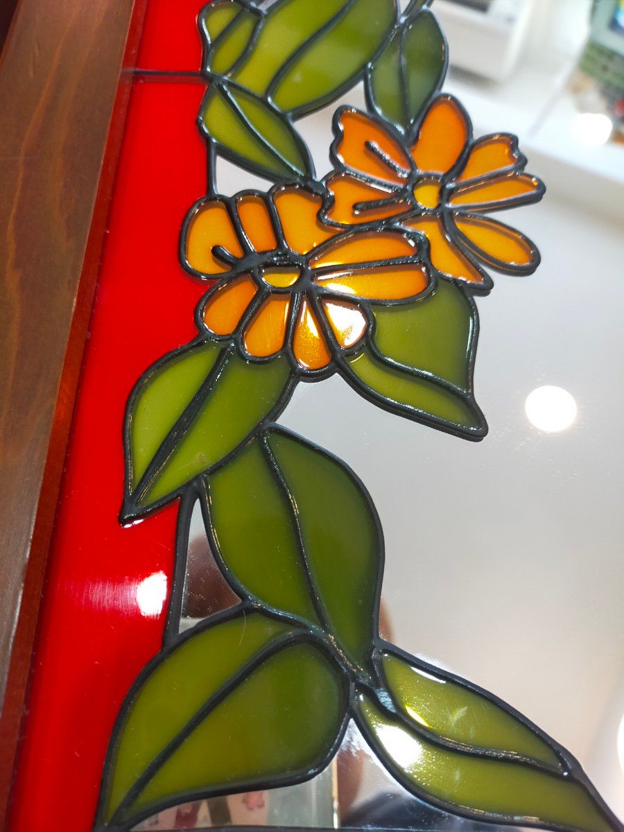 ステンドグラス ステンドガラス 風 木枠 木製 ミラー ウォールミラー 鏡 インテリア アンティーク 壁掛け ヴィンテージ 花柄