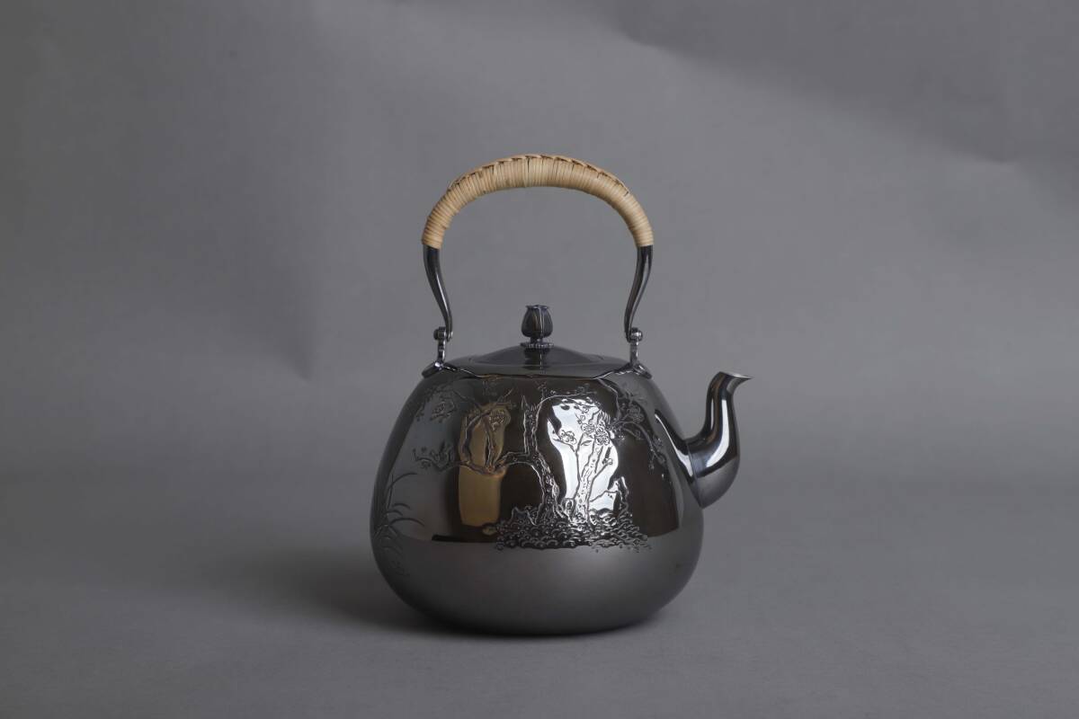 純銀保証 金賞堂造 草花彫 湯沸 銀瓶 純銀製 時代物 美術品 煎茶道具