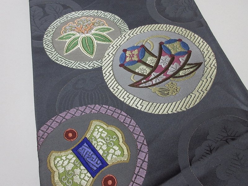 ドークブア■太鼓柄袋帯　市松に桜　極上の逸品　A40 ドークブア□九寸開き名古屋帯 型絵染 縮緬 藍 花 極上の逸品