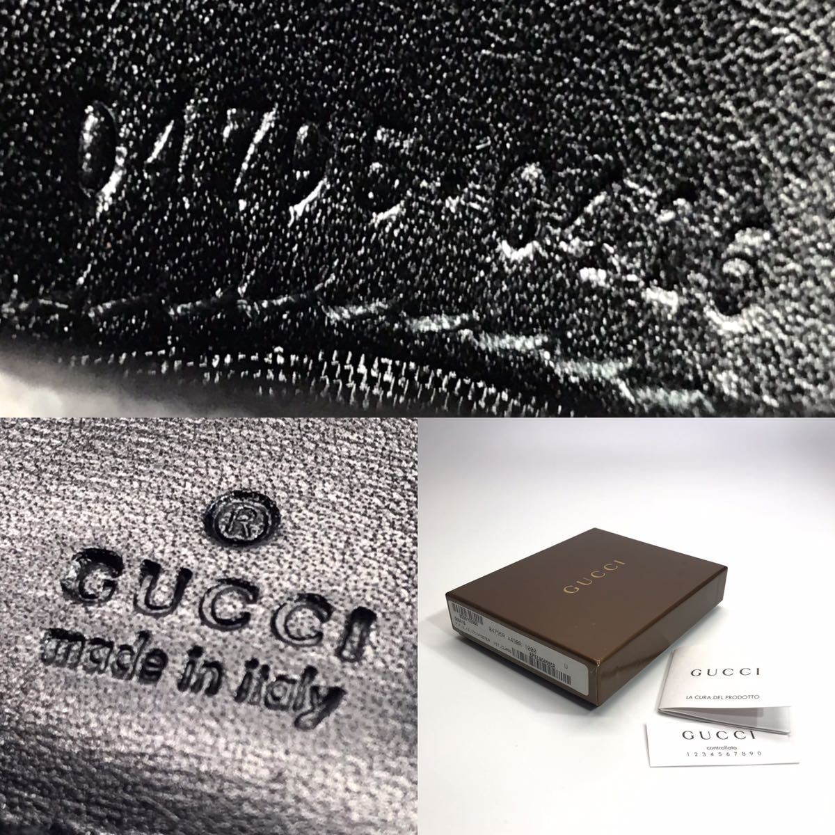 ★未使用／箱付★GUCCI グッチ カーフレザー コンパクトウォレット ブラック ロゴ型押し 二つ折り財布 札入れ 04795R A490R 1000_画像10