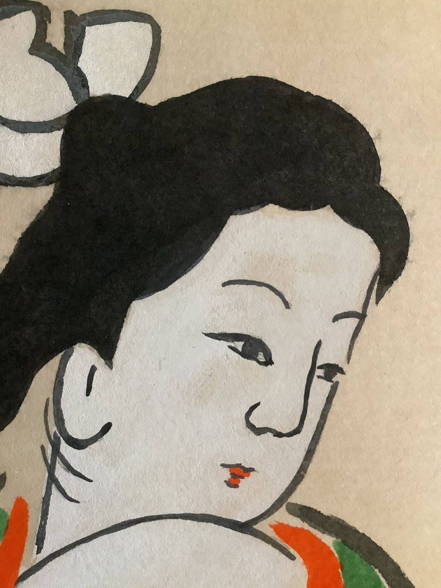 掛軸Fe617[大津絵　見返り美人図]彩色紙本　書いたもの／仏画　日本画　美人画　人物画　民画　民俗絵画　風俗画　近江国　_画像6