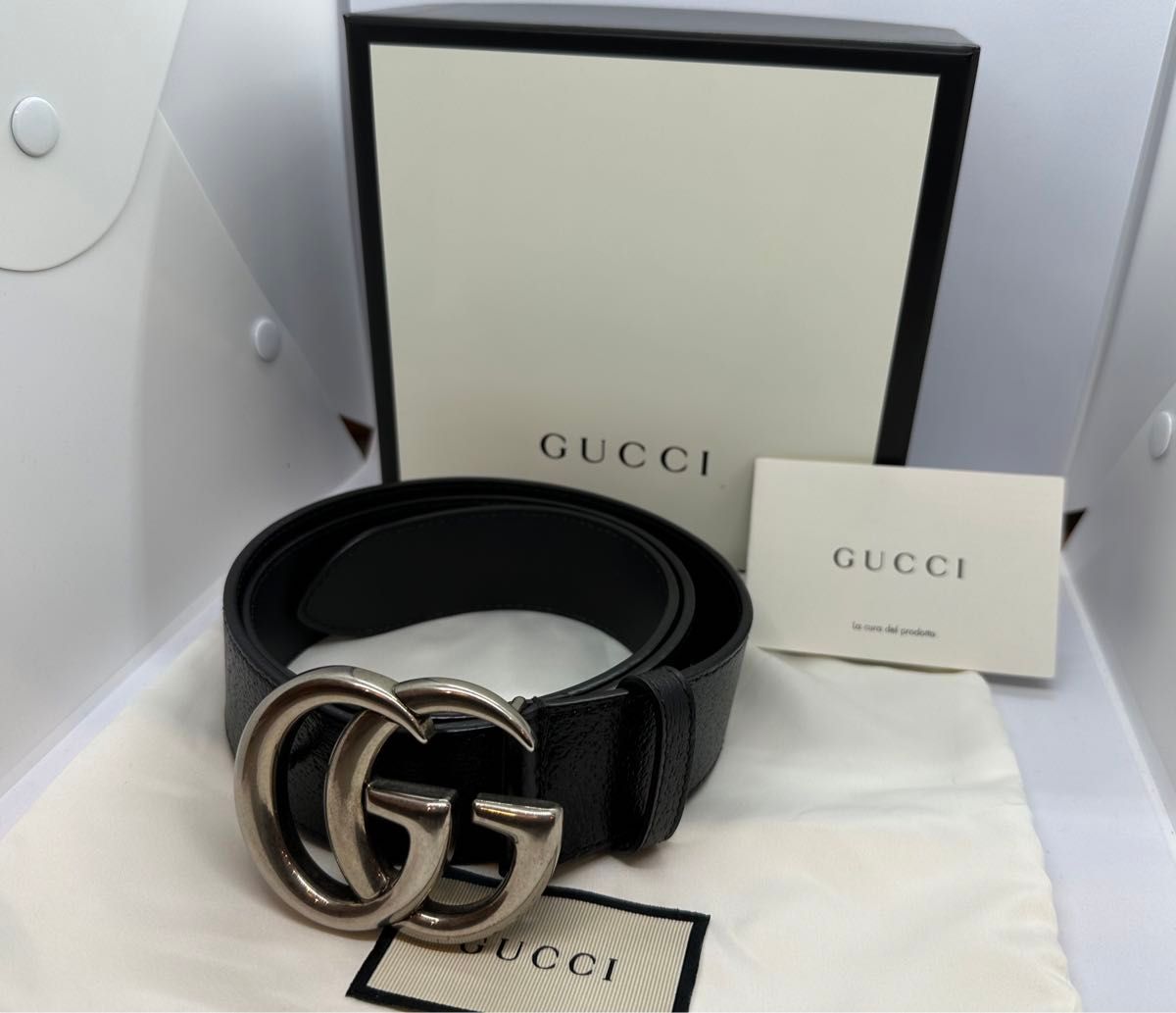 GUCCI　406831／GGマーモント　レザーベルト ブラック サイズ：90／36 （グッチ）